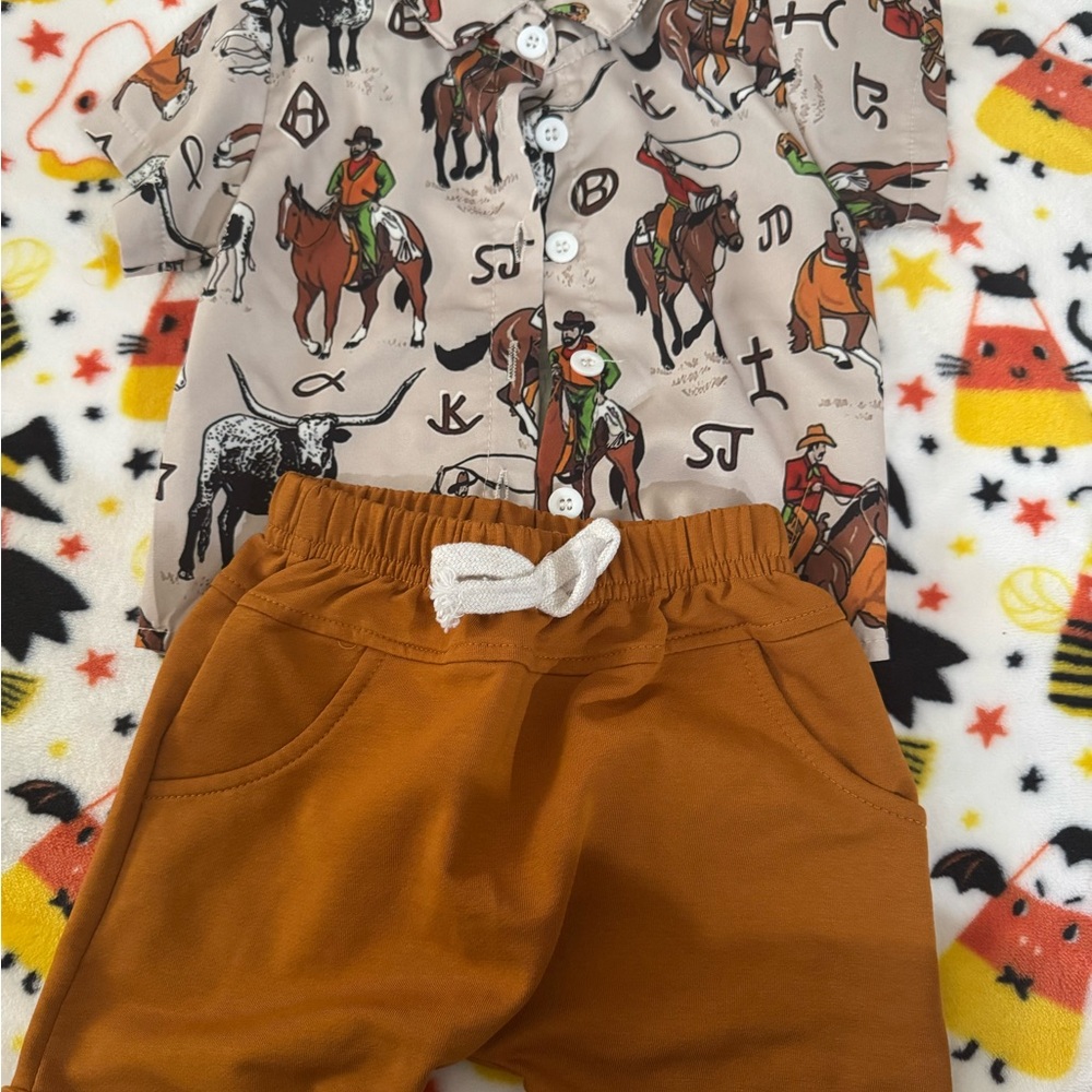 SHEIN Cowboy Print Shirt and Brown Shorts Set